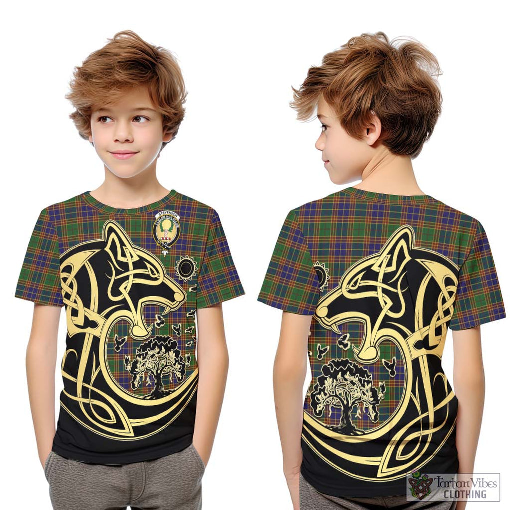 Stevenson Tartan Kid T-Shirt with Family Crest Celtic Wolf Style Youth XL Size14 - Tartan Vibes Clothing