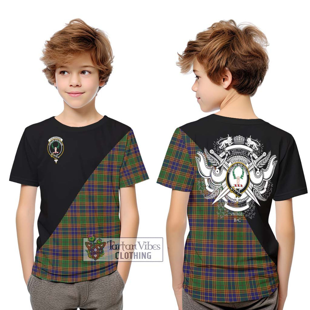 Stevenson Tartan Kid T-Shirt with Family Crest and Military Logo Style Youth XL Size14 - Tartanvibesclothing Shop