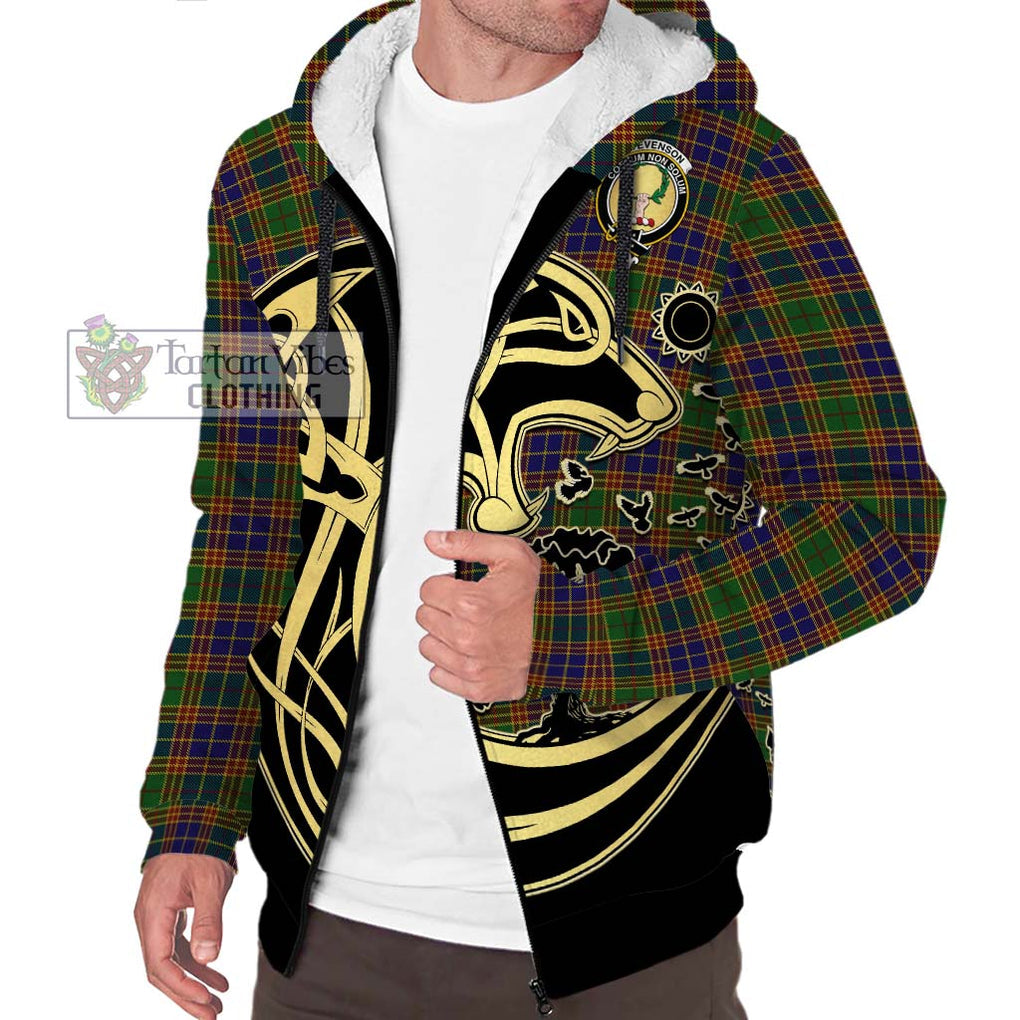 Stevenson Tartan Sherpa Hoodie with Family Crest Celtic Wolf Style Unisex S - Tartan Vibes Clothing