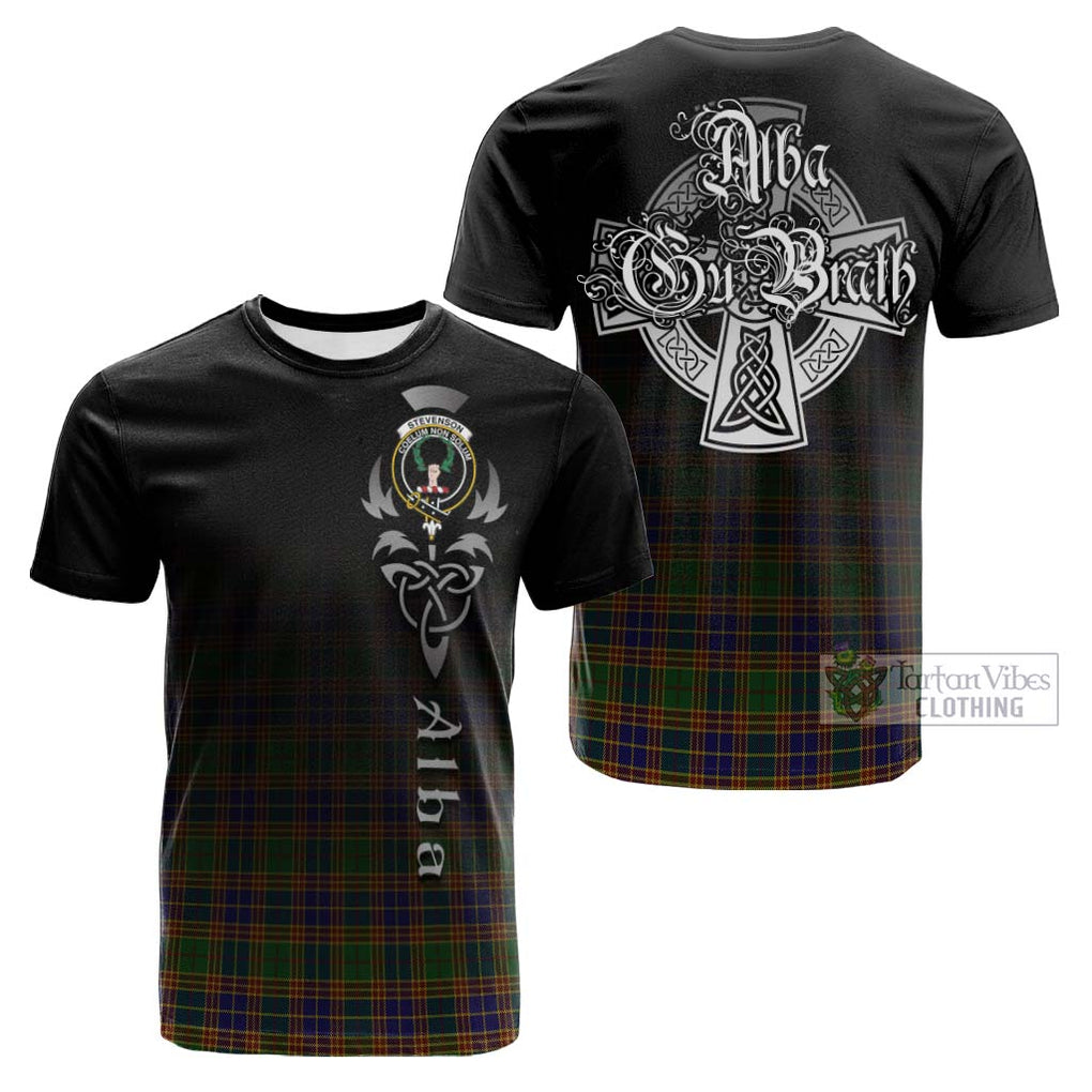 Tartan Vibes Clothing Stevenson Tartan Cotton T-shirt Featuring Alba Gu Brath Family Crest Celtic Inspired