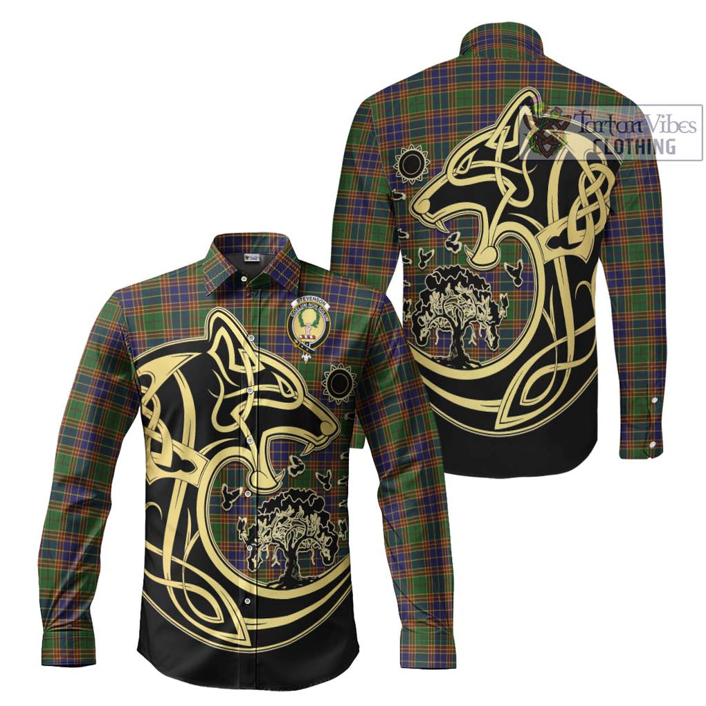Stevenson Tartan Long Sleeve Button Shirt with Family Crest Celtic Wolf Style Men's Shirt S - Tartan Vibes Clothing