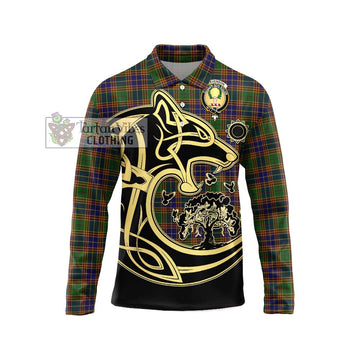 Stevenson Tartan Long Sleeve Polo Shirt with Family Crest Celtic Wolf Style Unisex - Tartanvibesclothing Shop