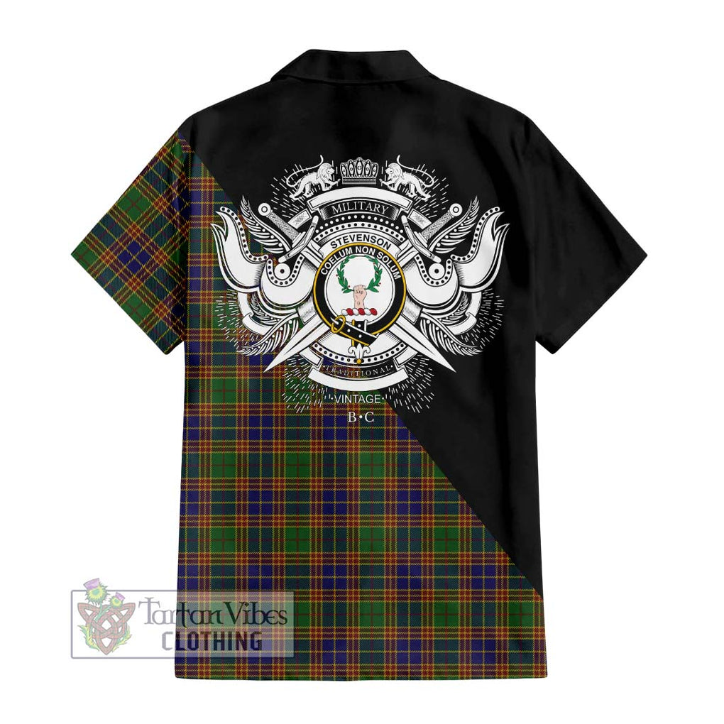 Stevenson Tartan Short Sleeve Button Shirt with Family Crest and Military Logo Style - Tartanvibesclothing Shop