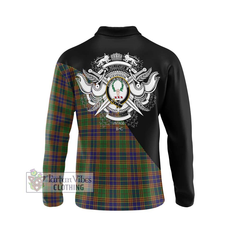 Stevenson Tartan Long Sleeve Polo Shirt with Family Crest and Military Logo Style - Tartanvibesclothing Shop