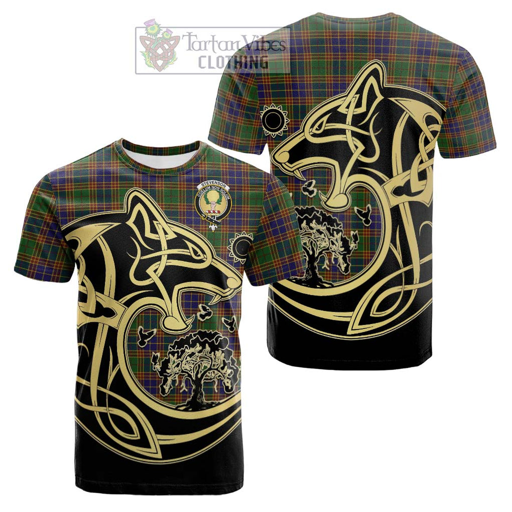 Tartan Vibes Clothing Stevenson Tartan Cotton T-shirt with Family Crest Celtic Wolf Style