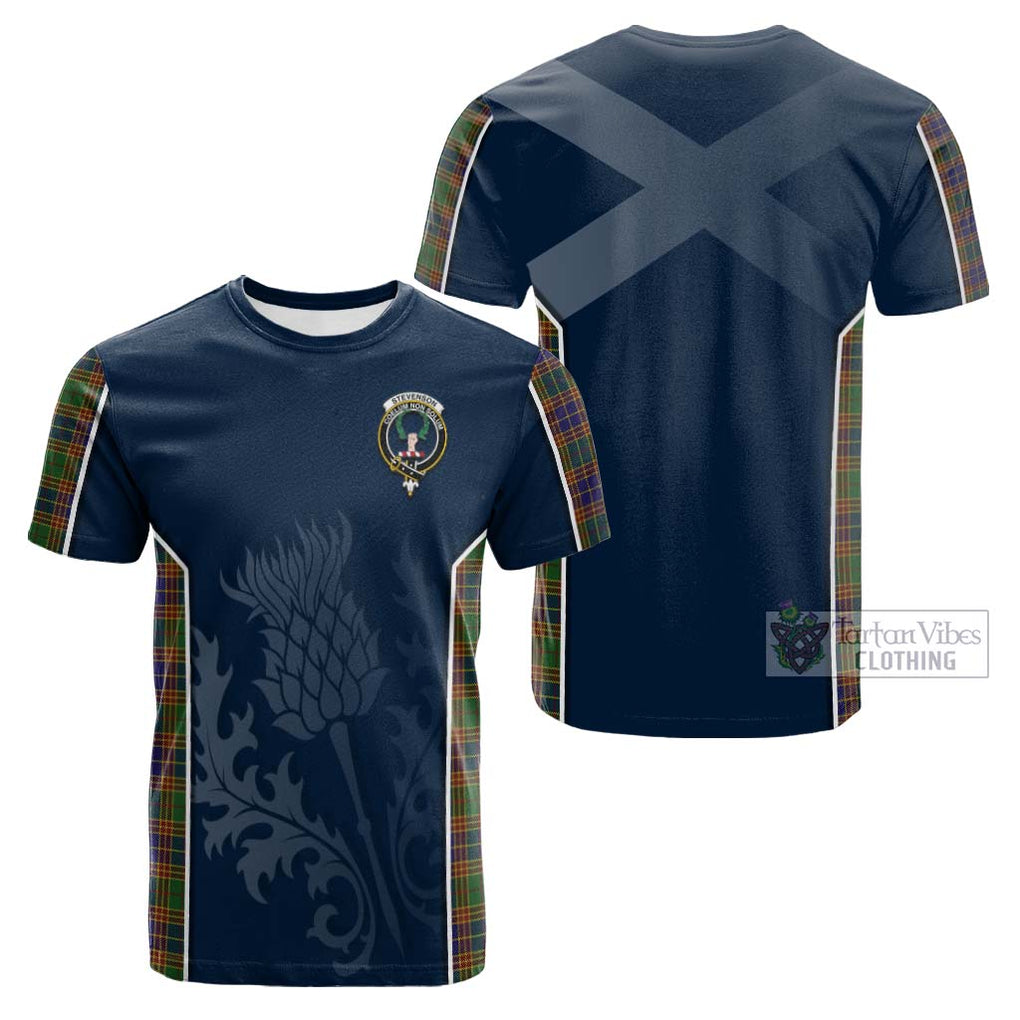 Tartan Vibes Clothing Stevenson Tartan Cotton T-shirt with Family Crest and Scottish Thistle Vibes Sport Style