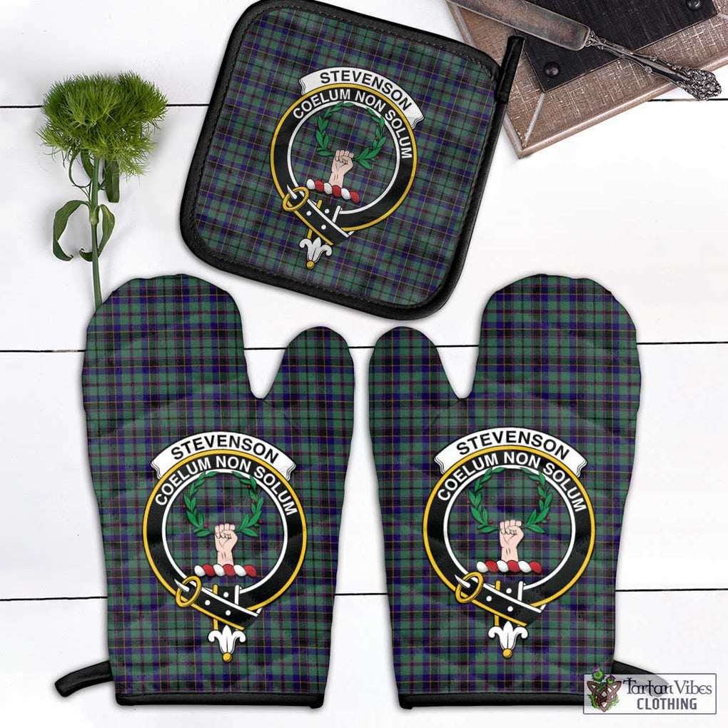 Stevenson Tartan Combo Oven Mitt & Pot-Holder with Family Crest Combo 1 Oven Mitt & 1 Pot-Holder Black - Tartan Vibes Clothing