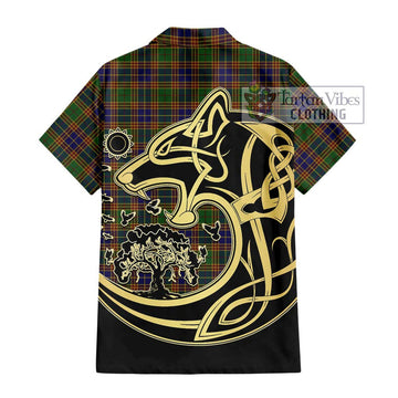 Stevenson Tartan Short Sleeve Button Shirt with Family Crest Celtic Wolf Style - Tartan Vibes Clothing
