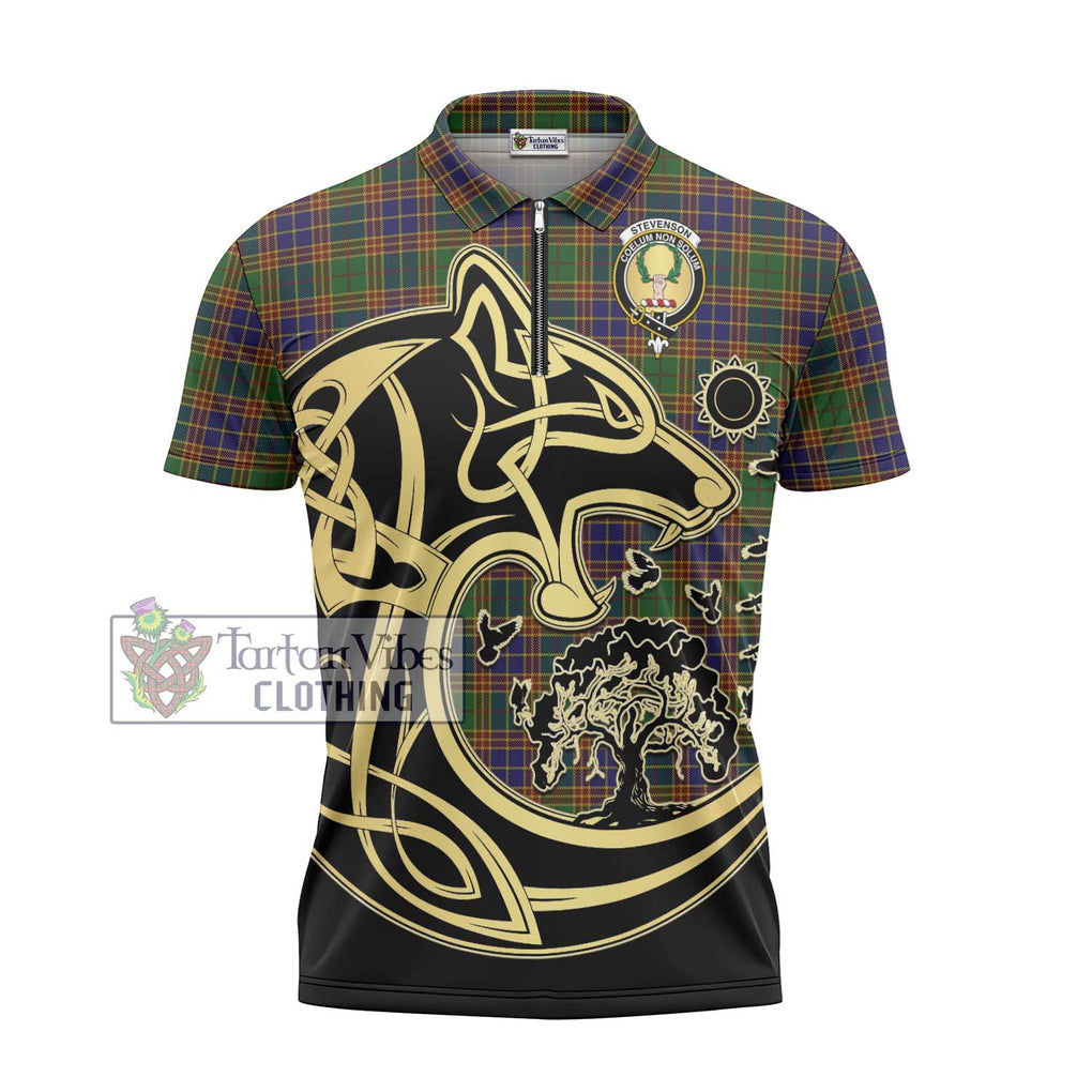 Stevenson Tartan Zipper Polo Shirt with Family Crest Celtic Wolf Style - Tartanvibesclothing Shop
