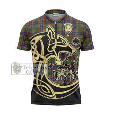 Stevenson Tartan Zipper Polo Shirt with Family Crest Celtic Wolf Style - Tartanvibesclothing Shop