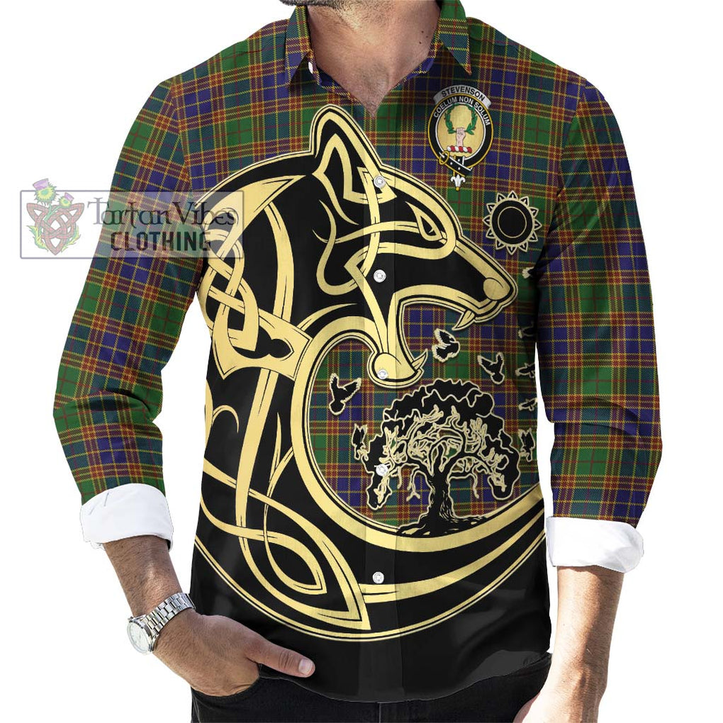 Stevenson Tartan Long Sleeve Button Shirt with Family Crest Celtic Wolf Style - Tartan Vibes Clothing