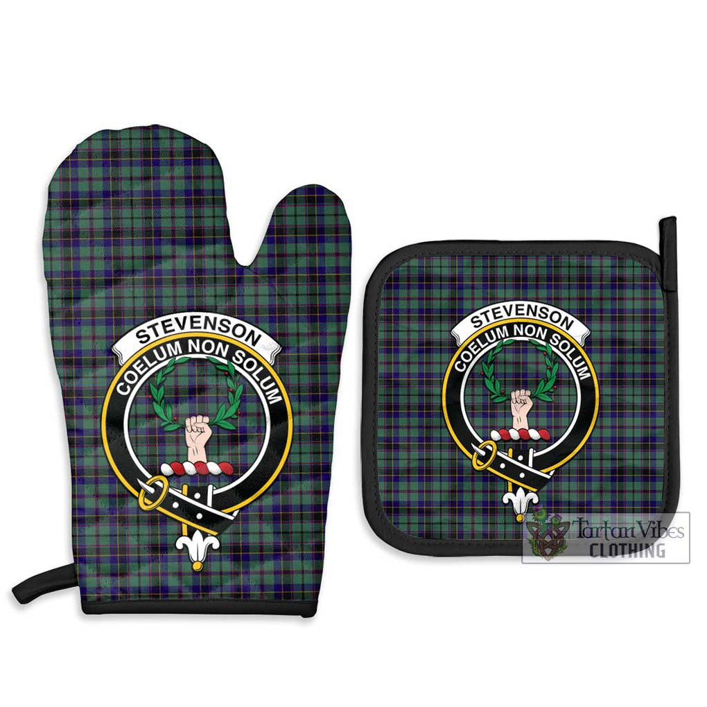 Stevenson Tartan Combo Oven Mitt & Pot-Holder with Family Crest Combo 1 Oven Mitt & 2 Pot-Holder Black - Tartan Vibes Clothing