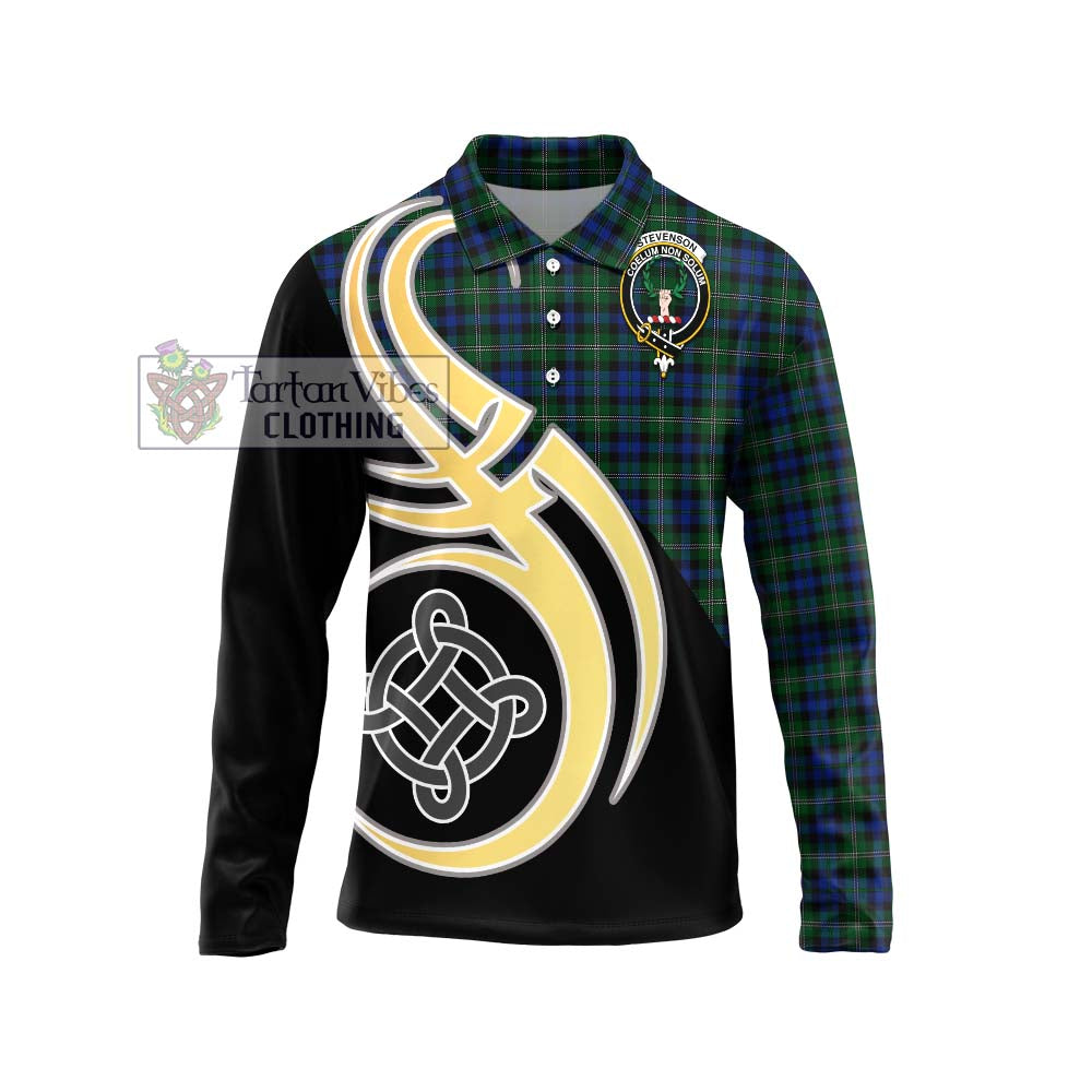 Stevenson Hunting Tartan Long Sleeve Polo Shirt with Family Crest and Celtic Symbol Style Unisex - Tartan Vibes Clothing