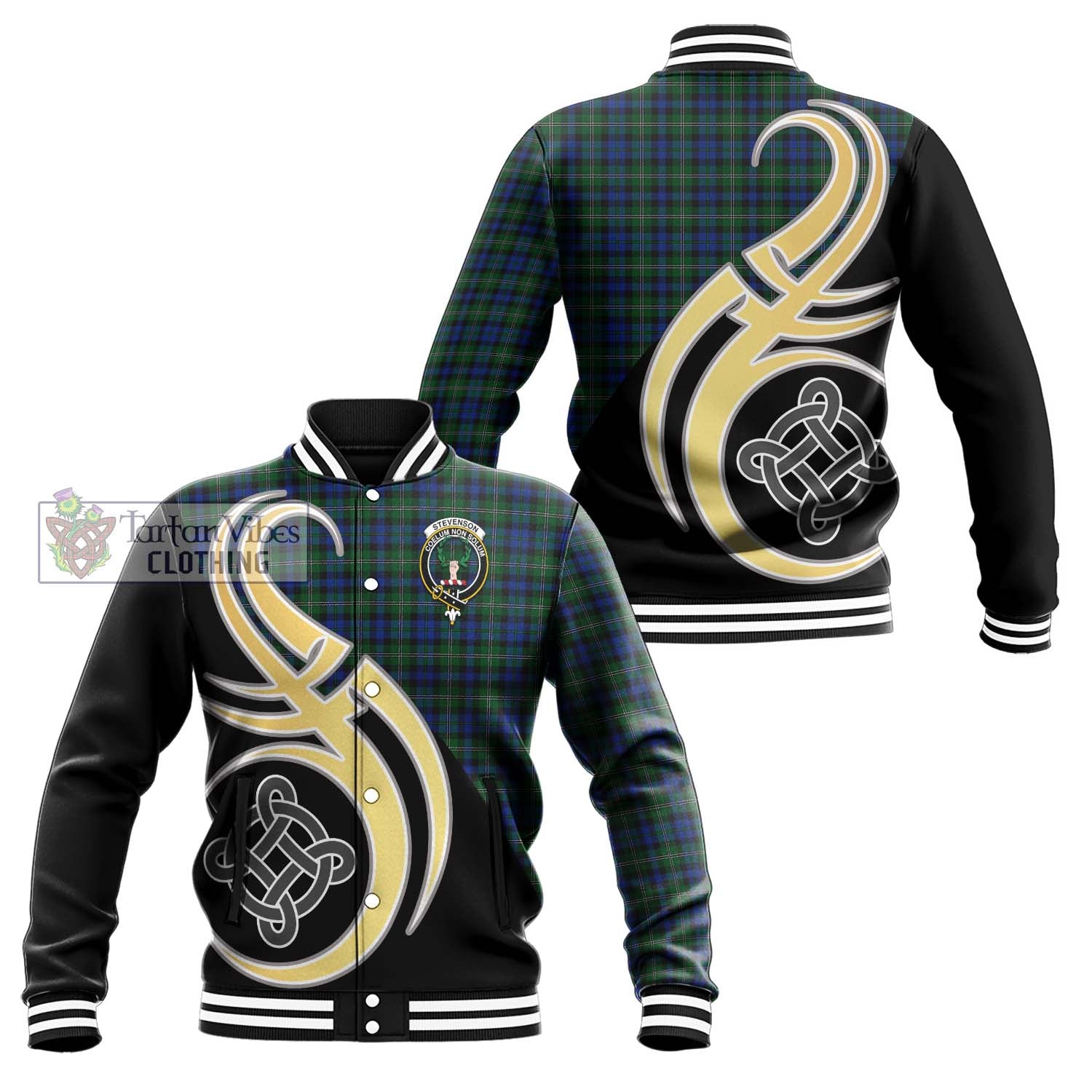 Stevenson Hunting Tartan Baseball Jacket with Family Crest and Celtic Symbol Style Unisex - Tartan Vibes Clothing