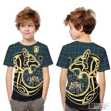 Stevenson Hunting Tartan Kid T-Shirt with Family Crest Celtic Wolf Style Youth XL Size14 - Tartan Vibes Clothing