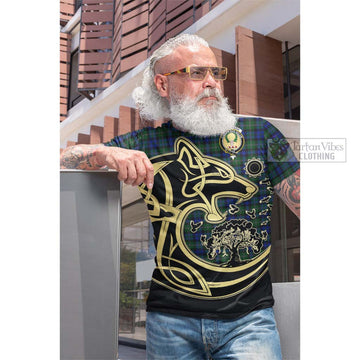 Tartan Vibes Clothing Stevenson Hunting Tartan Cotton T-shirt with Family Crest Celtic Wolf Style