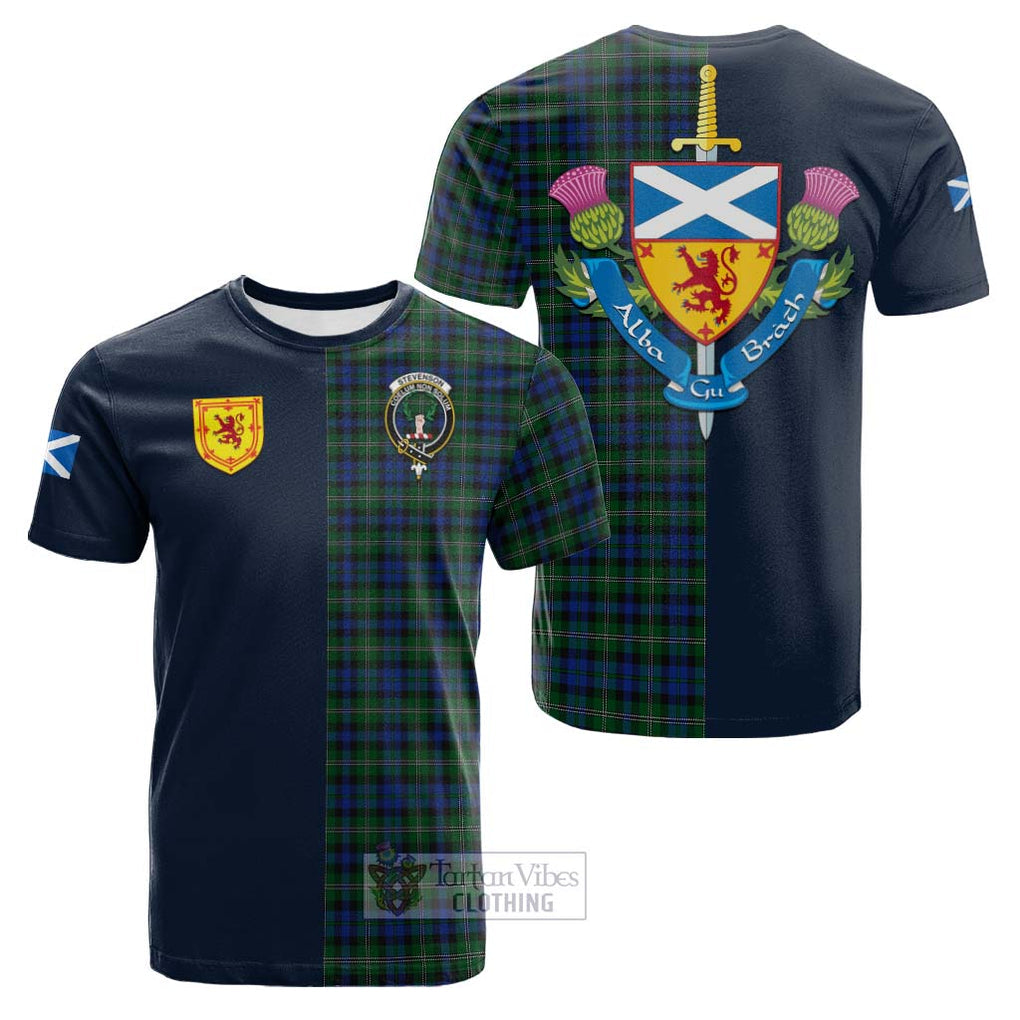 Tartan Vibes Clothing Stevenson Hunting Tartan Cotton T-shirt with Scottish Lion Royal Arm Half Style
