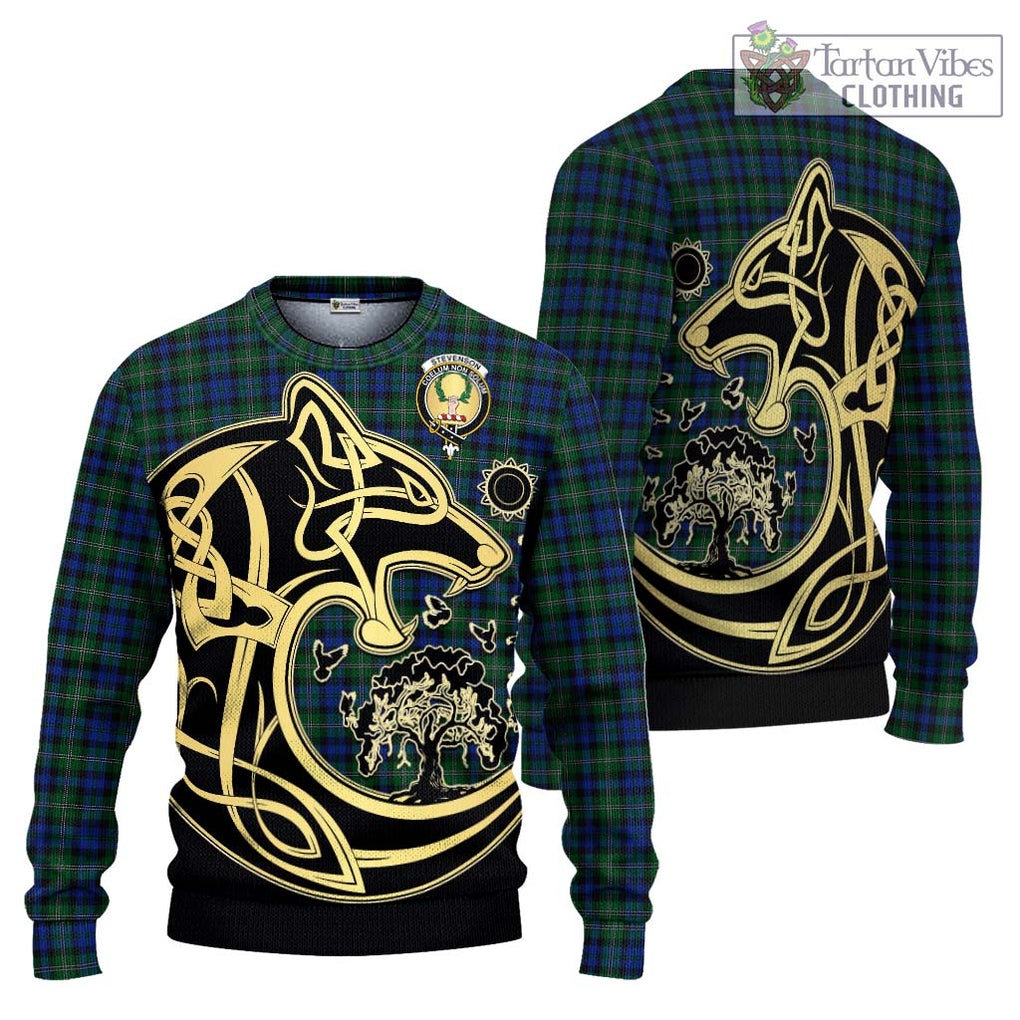 Stevenson Hunting Tartan Knitted Sweater with Family Crest Celtic Wolf Style Unisex - Tartan Vibes Clothing