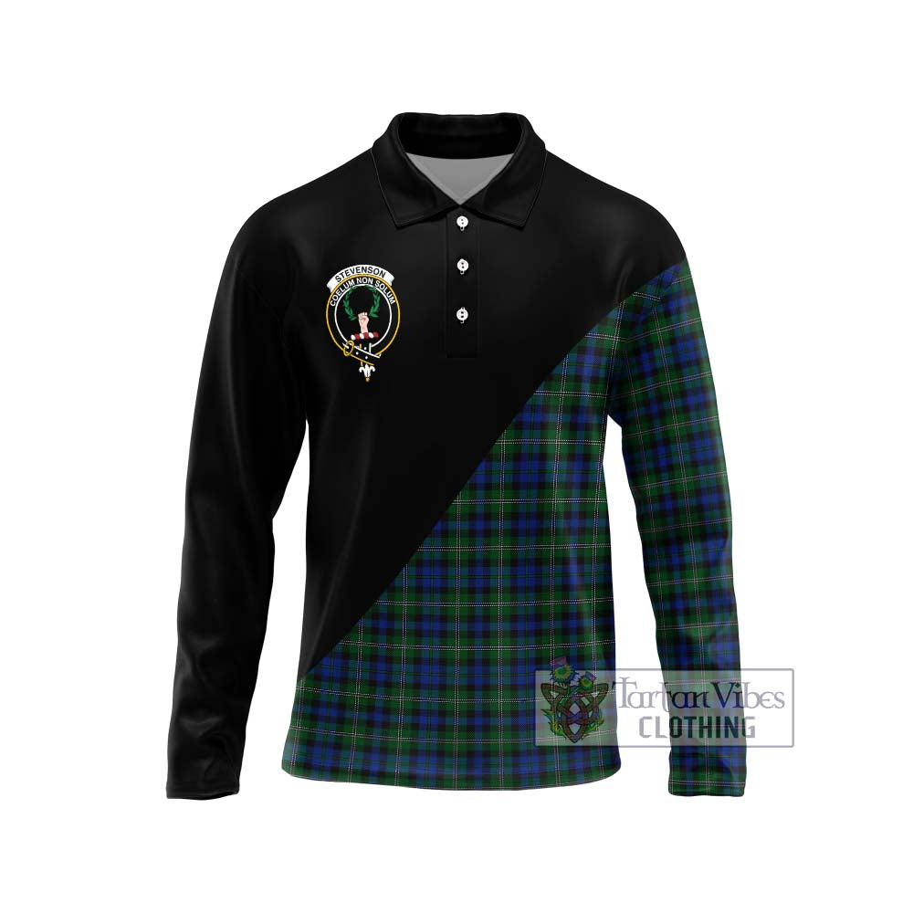 Stevenson Hunting Tartan Long Sleeve Polo Shirt with Family Crest and Military Logo Style Unisex - Tartanvibesclothing Shop