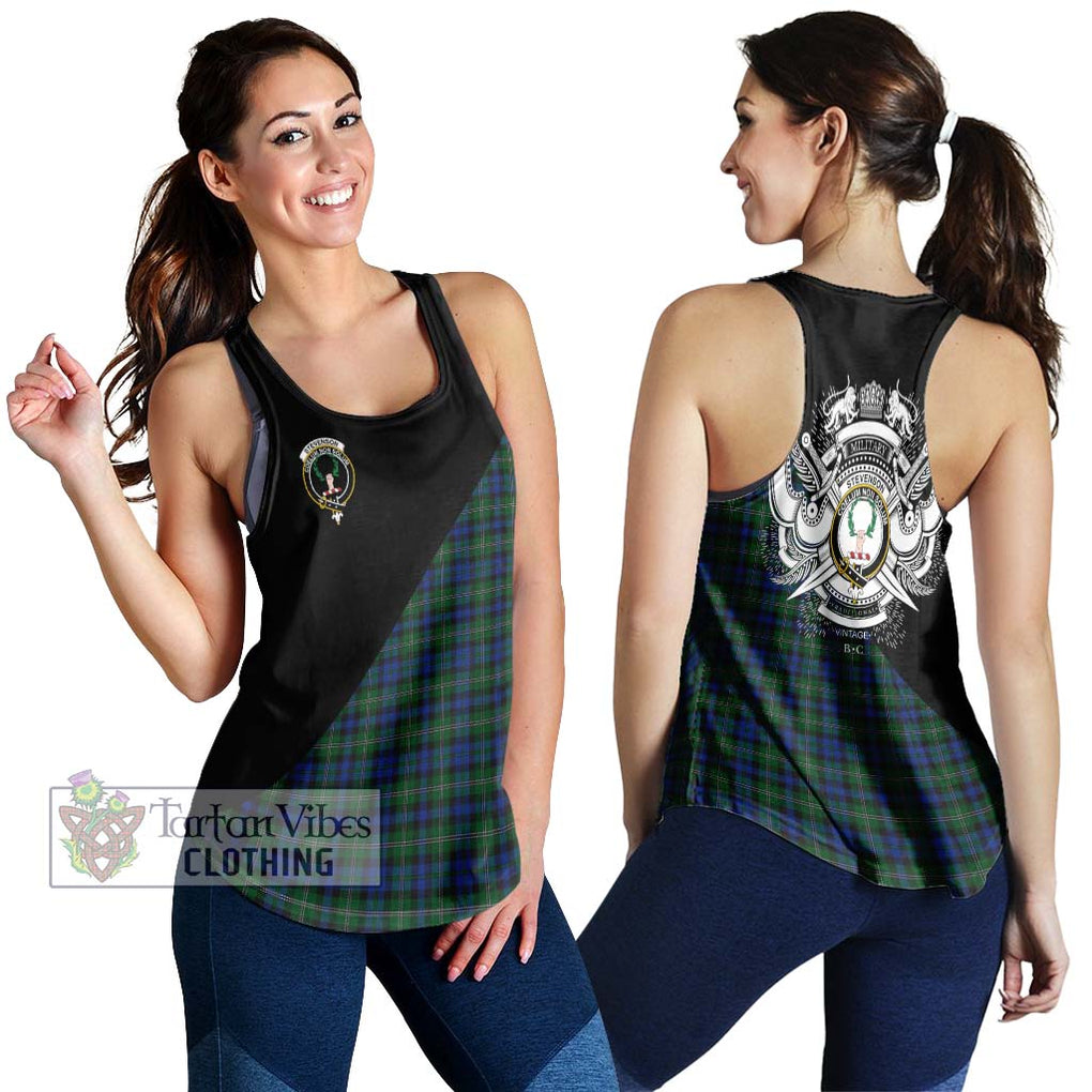 Stevenson Hunting Tartan Women's Racerback Tanks with Family Crest and Military Logo Style 4XL - Tartanvibesclothing Shop