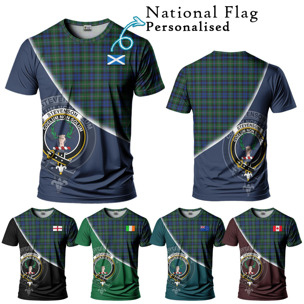 Stevenson Hunting Tartan T-Shirt with Personalised National Flag and Family Crest Half Style Kid's Shirt - Tartanvibesclothing Shop