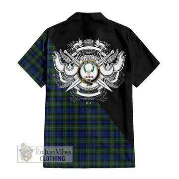 Stevenson Hunting Tartan Short Sleeve Button Shirt with Family Crest and Military Logo Style - Tartanvibesclothing Shop