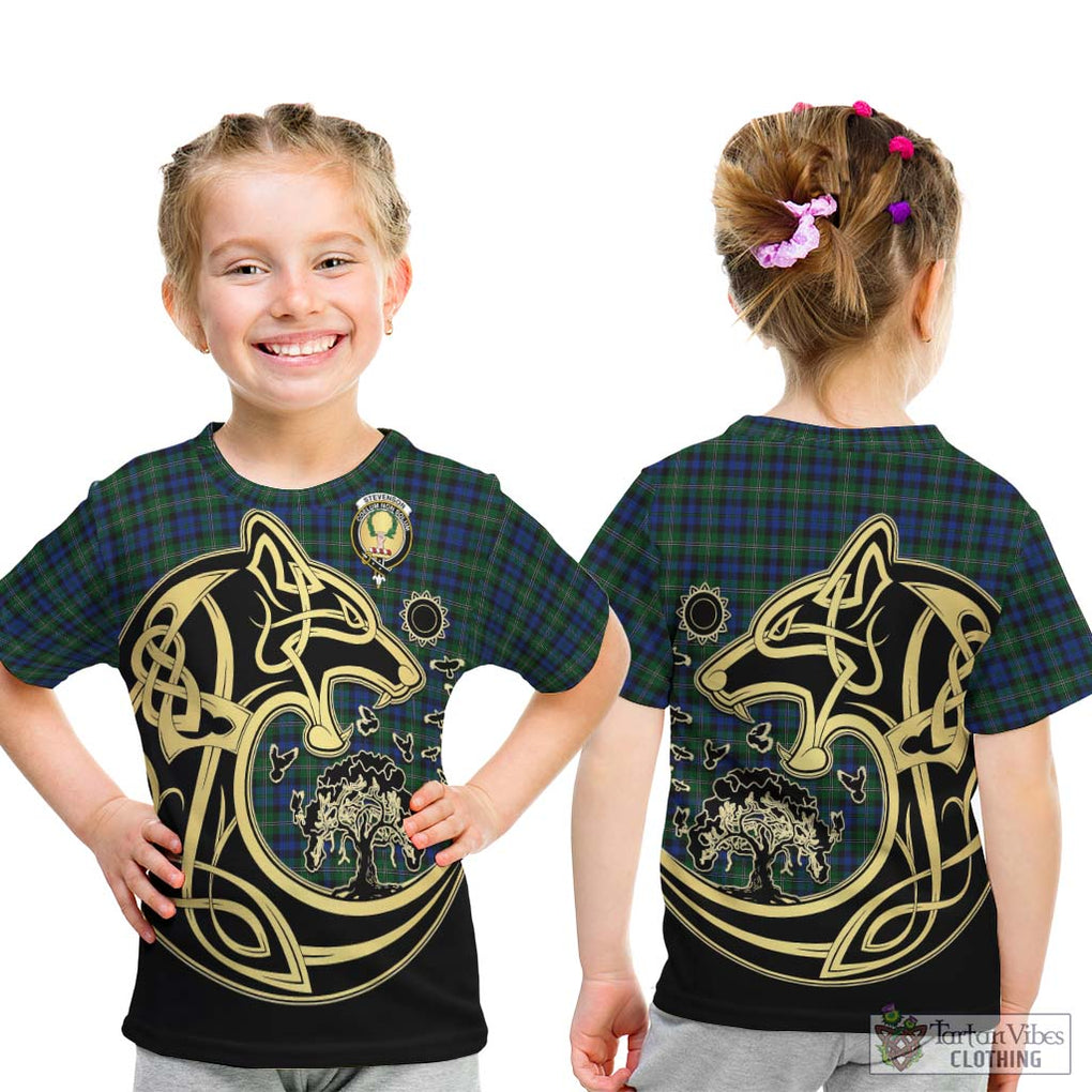 Stevenson Hunting Tartan Kid T-Shirt with Family Crest Celtic Wolf Style - Tartan Vibes Clothing