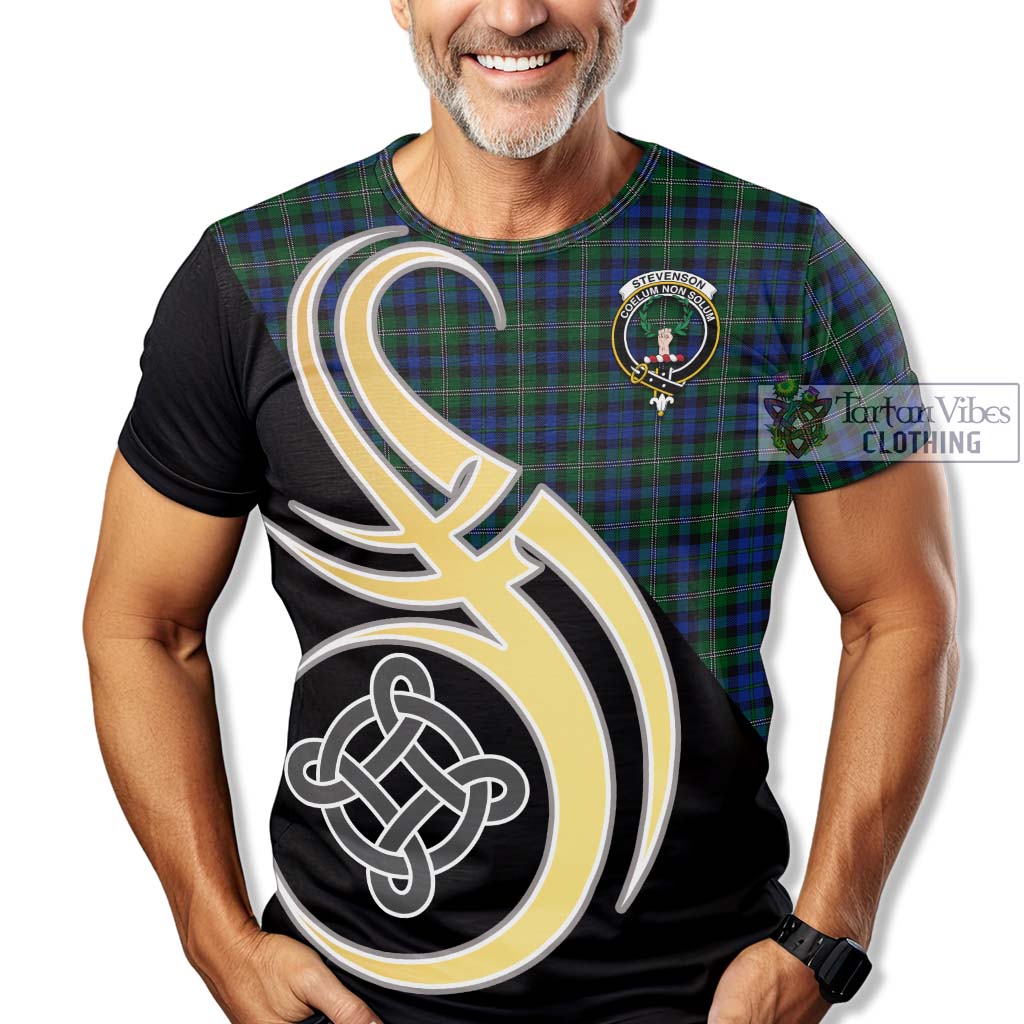Tartan Vibes Clothing Stevenson Hunting Tartan T-Shirt with Family Crest and Celtic Symbol Style