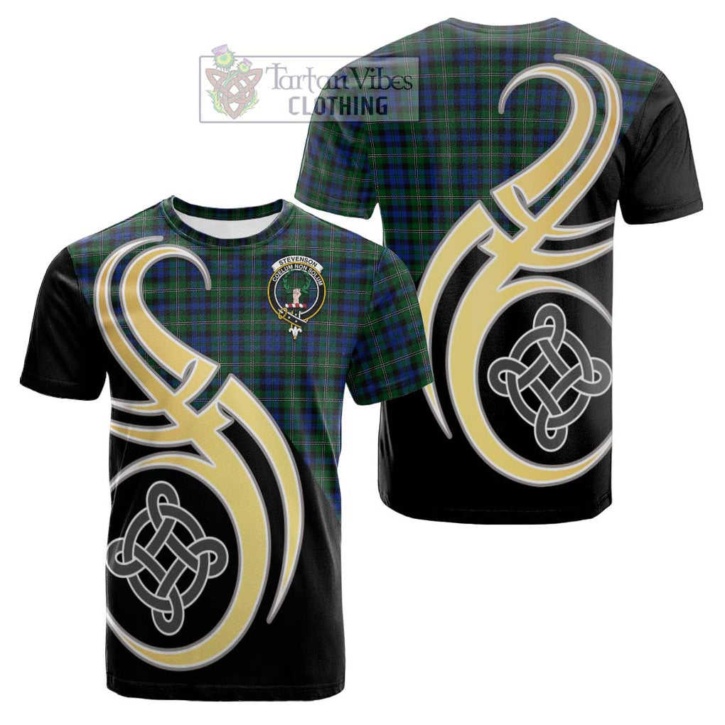 Tartan Vibes Clothing Stevenson Hunting Tartan Cotton T-shirt with Family Crest and Celtic Symbol Style
