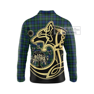 Stevenson Hunting Tartan Long Sleeve Polo Shirt with Family Crest Celtic Wolf Style - Tartanvibesclothing Shop