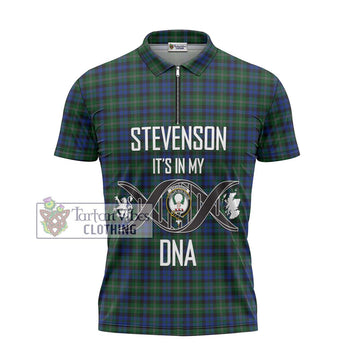Stevenson Hunting Tartan Zipper Polo Shirt with Family Crest DNA In Me Style - Tartanvibesclothing Shop