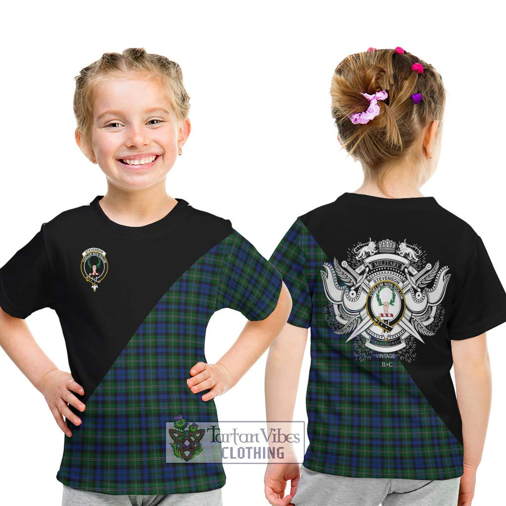 Stevenson Hunting Tartan Kid T-Shirt with Family Crest and Military Logo Style - Tartanvibesclothing Shop