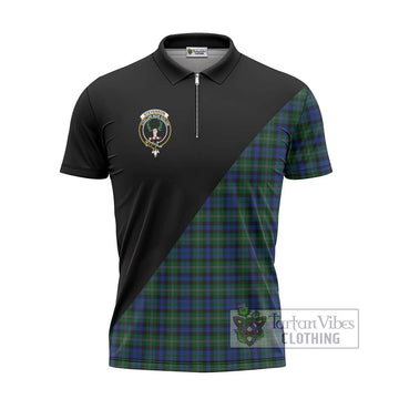 Stevenson Hunting Tartan Zipper Polo Shirt with Family Crest and Military Logo Style - Tartanvibesclothing Shop