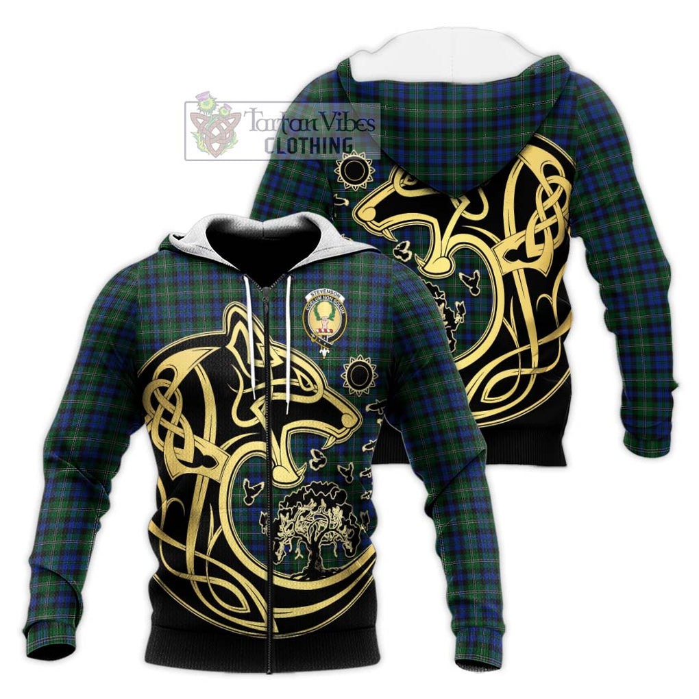 Stevenson Hunting Tartan Knitted Hoodie with Family Crest Celtic Wolf Style Unisex Knitted Zip Hoodie - Tartan Vibes Clothing