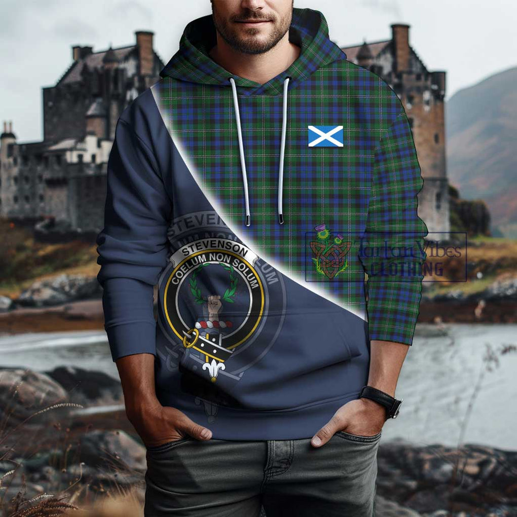 Stevenson Hunting Tartan Hoodie with Personalised National Flag and Family Crest Half Style - Tartanvibesclothing Shop