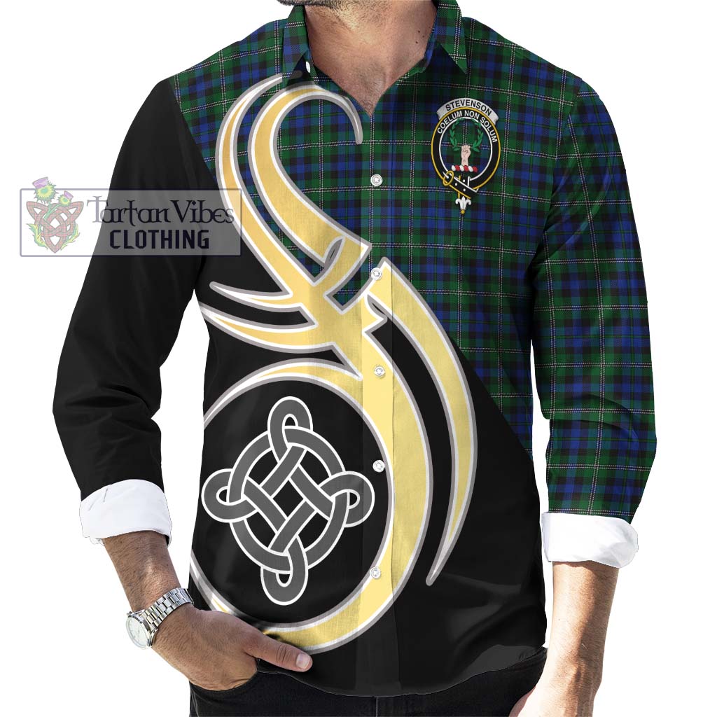 Stevenson Hunting Tartan Long Sleeve Button Shirt with Family Crest and Celtic Symbol Style - Tartan Vibes Clothing
