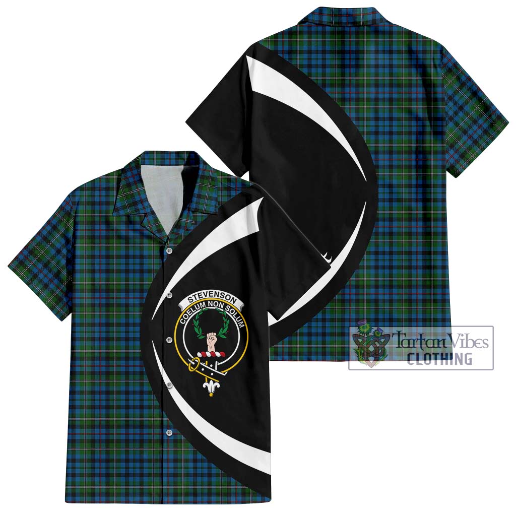 Stevenson Hunting Red Stripe Tartan Short Sleeve Button Up with Family Crest Circle Style Kid - Tartan Vibes Clothing