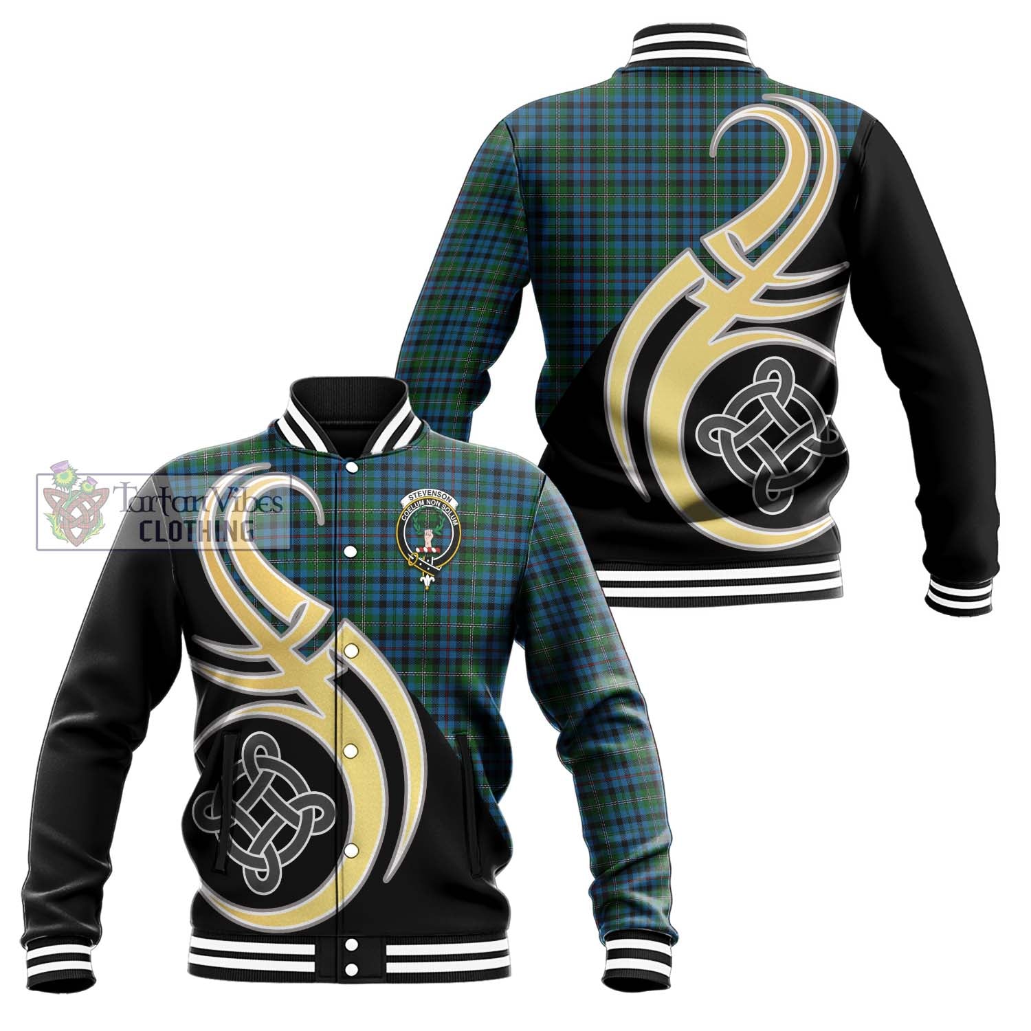 Stevenson Hunting Red Stripe Tartan Baseball Jacket with Family Crest and Celtic Symbol Style Unisex - Tartan Vibes Clothing