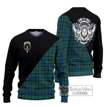 Stevenson Hunting Red Stripe Tartan Knitted Sweater with Family Crest and Military Logo Style Unisex - Tartanvibesclothing Shop