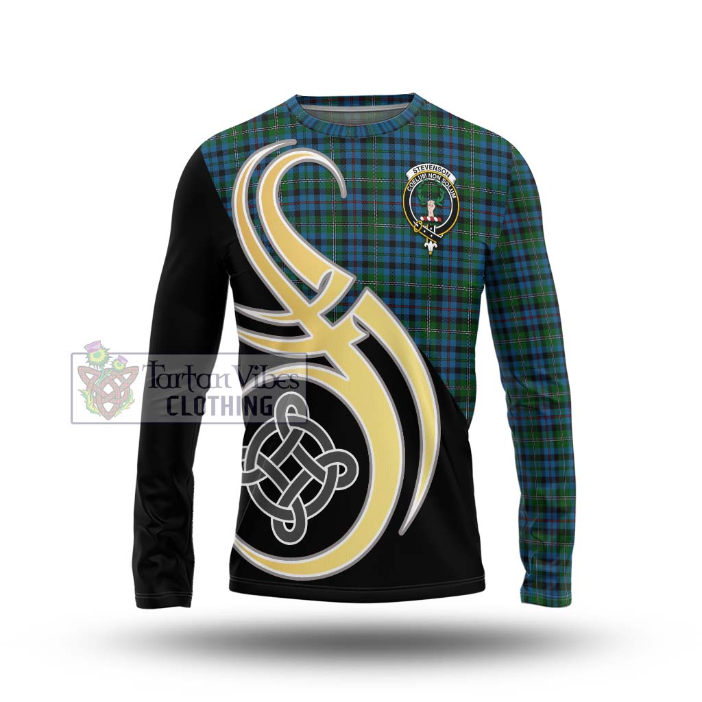 Stevenson Hunting Red Stripe Tartan Long Sleeve T-Shirt with Family Crest and Celtic Symbol Style Unisex - Tartan Vibes Clothing