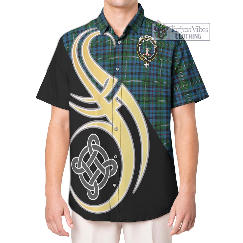 Stevenson Hunting Red Stripe Tartan Short Sleeve Button Shirt with Family Crest and Celtic Symbol Style Kid - Tartan Vibes Clothing