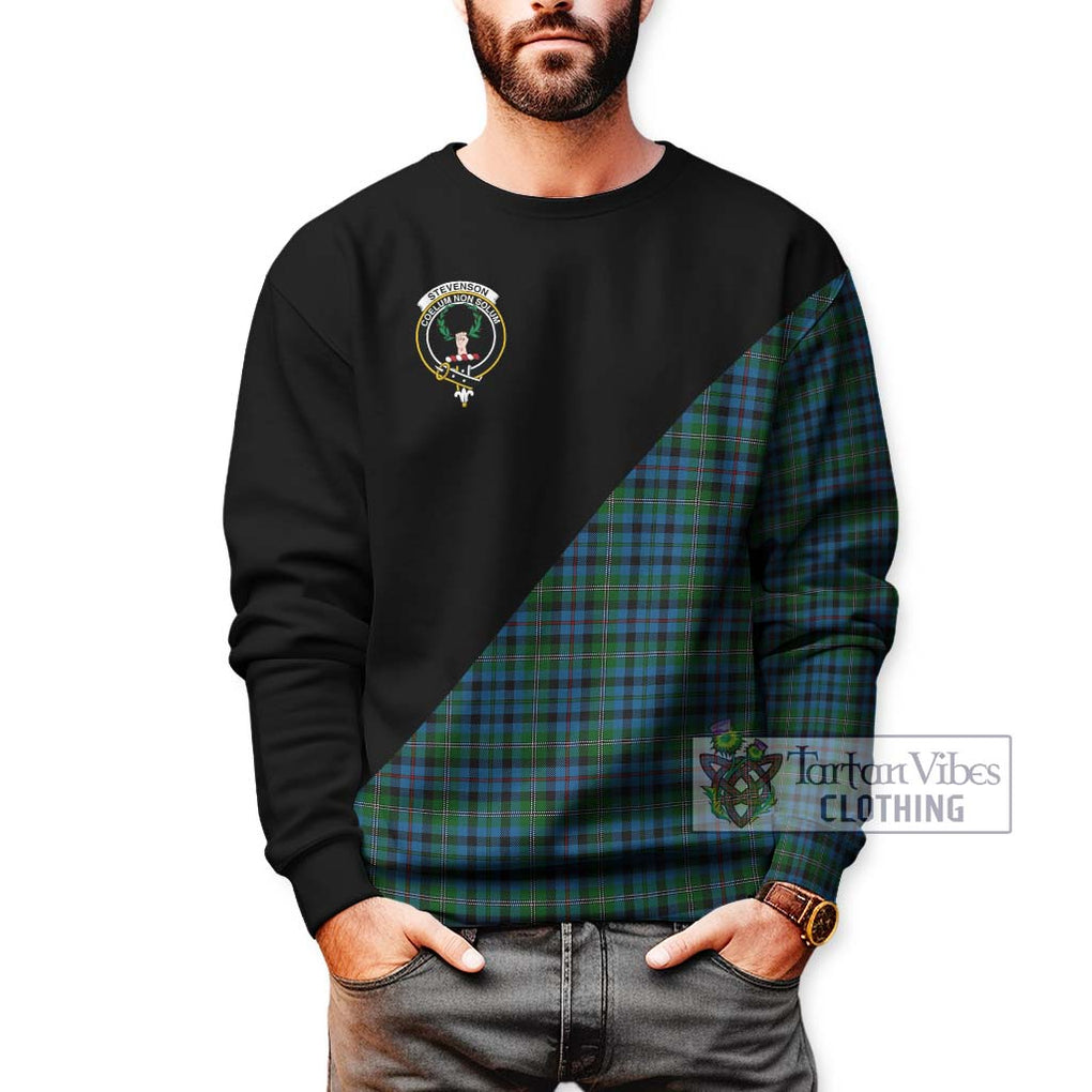 Stevenson Hunting Red Stripe Tartan Sweatshirt with Family Crest and Military Logo Style Unisex - Tartanvibesclothing Shop