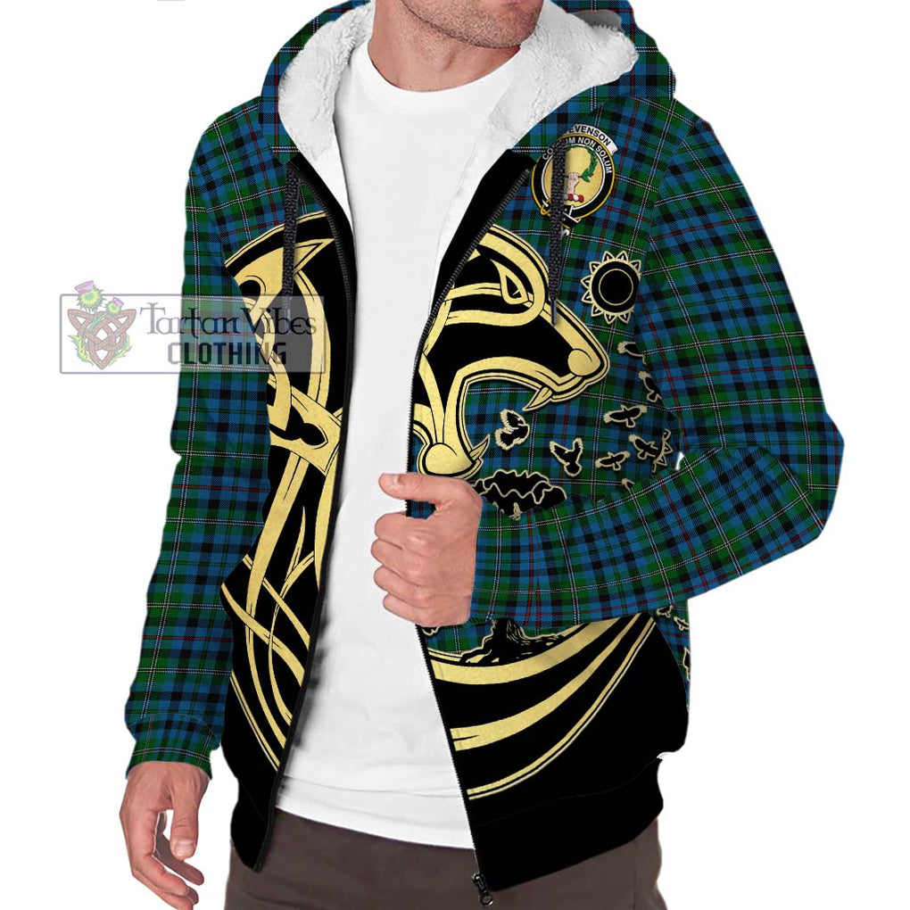 Stevenson Hunting Red Stripe Tartan Sherpa Hoodie with Family Crest Celtic Wolf Style Unisex S - Tartan Vibes Clothing