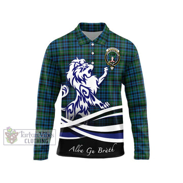 Stevenson Hunting Red Stripe Tartan Long Sleeve Polo Shirt with Alba Gu Brath Regal Lion Emblem Unisex - Tartanvibesclothing Shop