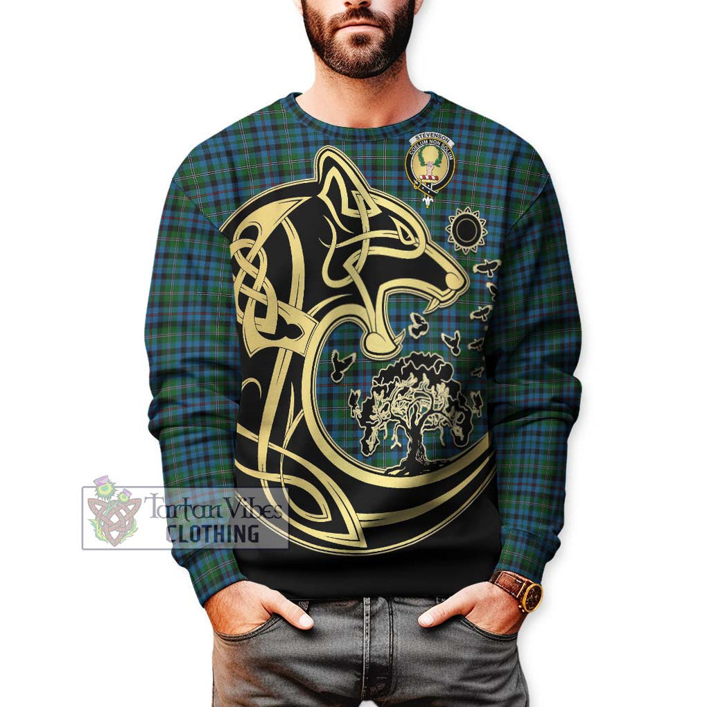 Stevenson Hunting Red Stripe Tartan Sweatshirt with Family Crest Celtic Wolf Style Unisex - Tartan Vibes Clothing