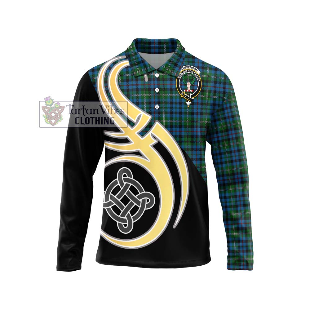 Stevenson Hunting Red Stripe Tartan Long Sleeve Polo Shirt with Family Crest and Celtic Symbol Style Unisex - Tartan Vibes Clothing