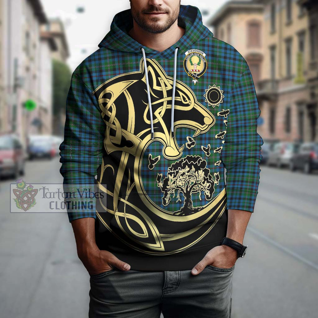Stevenson Hunting Red Stripe Tartan Hoodie with Family Crest Celtic Wolf Style Zip Hoodie - Tartan Vibes Clothing