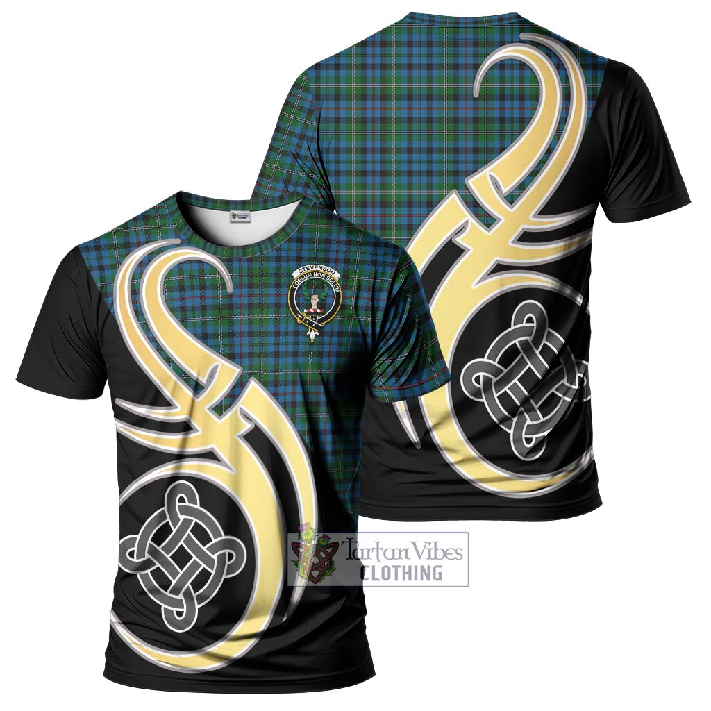 Tartan Vibes Clothing Stevenson Hunting Red Stripe Tartan T-Shirt with Family Crest and Celtic Symbol Style