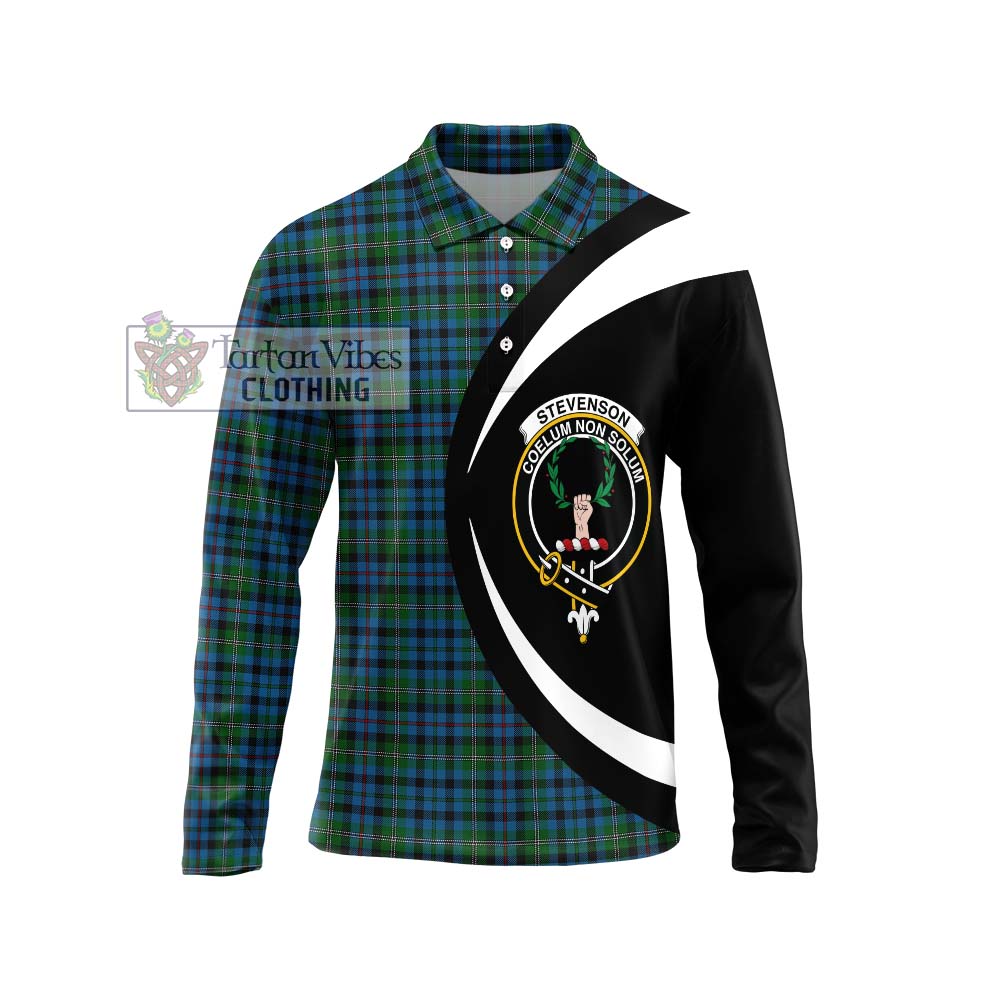 Stevenson Hunting Red Stripe Tartan Long Sleeve Polo Shirt with Family Crest Circle Style Unisex - Tartan Vibes Clothing