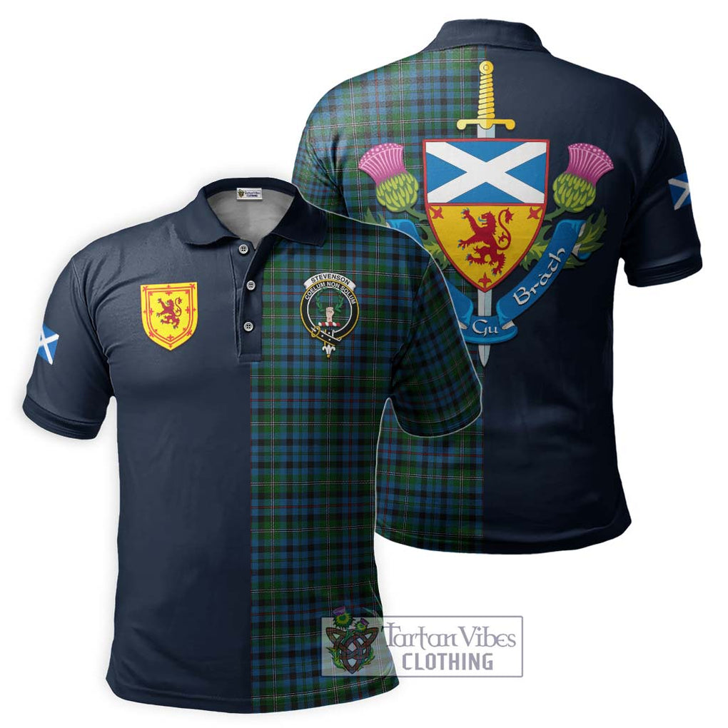Tartan Vibes Clothing Stevenson Hunting Red Stripe Tartan Polo Shirt with Scottish Lion Royal Arm Half Style